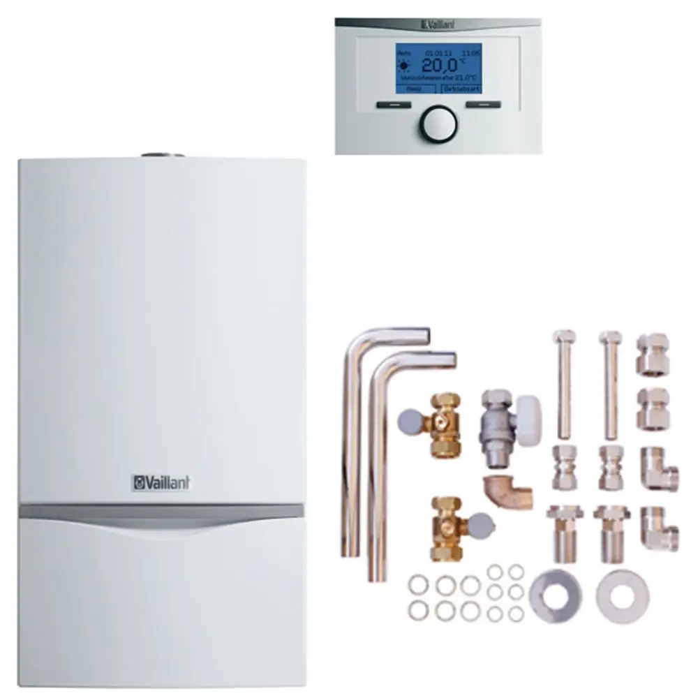 Vaillant Heizkessel in weiß, zusammen mit einem digitalen Thermostat und verschiedenen Anschluss- und Montagesets, geeignet für die Installation von Heizsystemen.